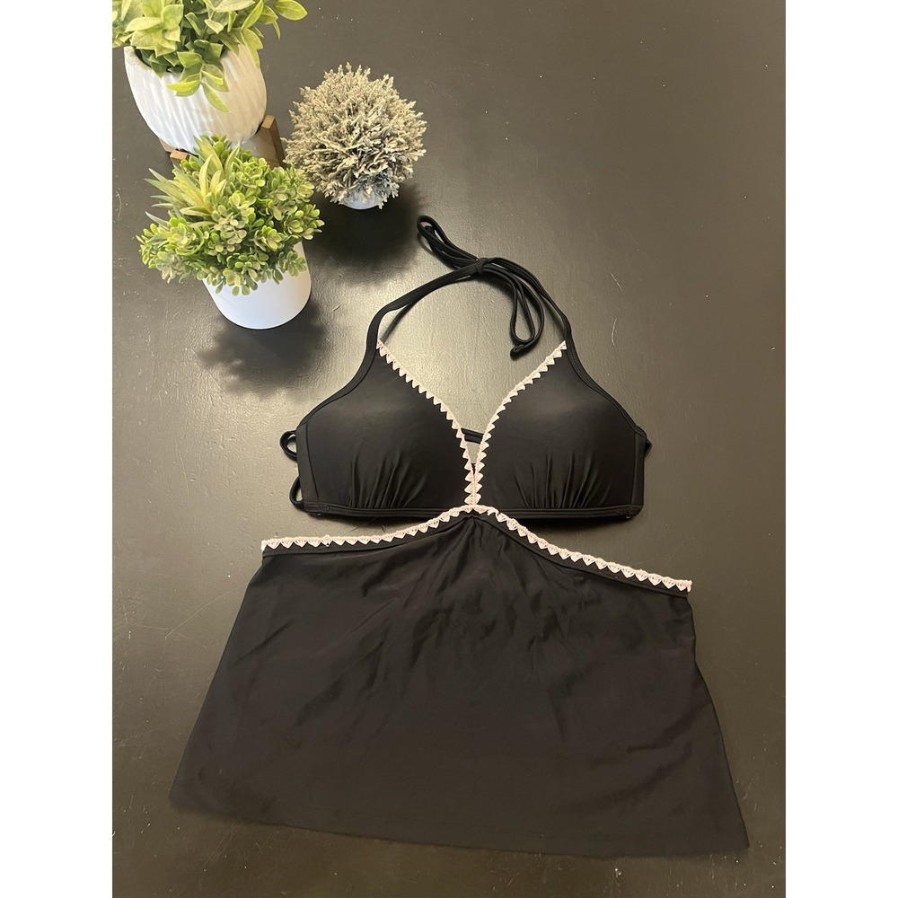 Hula Honey Black Pink Embroidery Trim Cut Out Tankini Swim Top Sz L